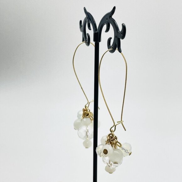 Gold Tone Drop Earrings White Bead Cluster Clear Crystal Dangle Modern - Picture 6 of 10